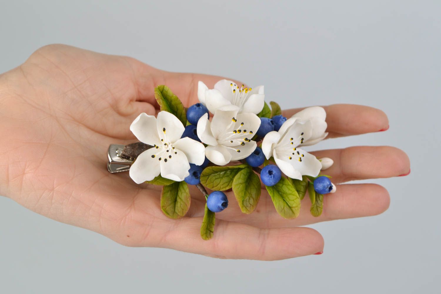 Hair clip made of self-hardening Thai clay Apple bloom and Blueberry photo 2
