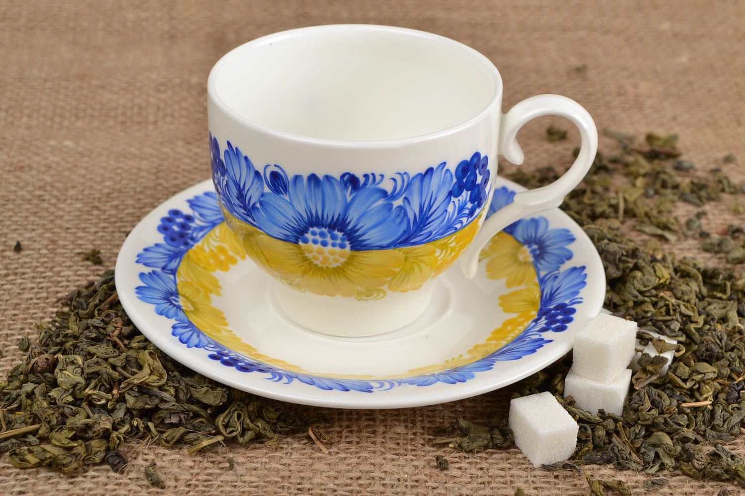 Tasse et soucoupe fait main Tasse à thé Vaisselle design bleu jaune 22 cl photo 1