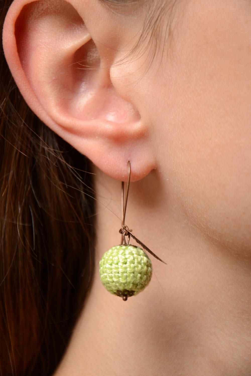 Beautiful nice cute unusual handmade yellow round crochet pendant bead earrings photo 2