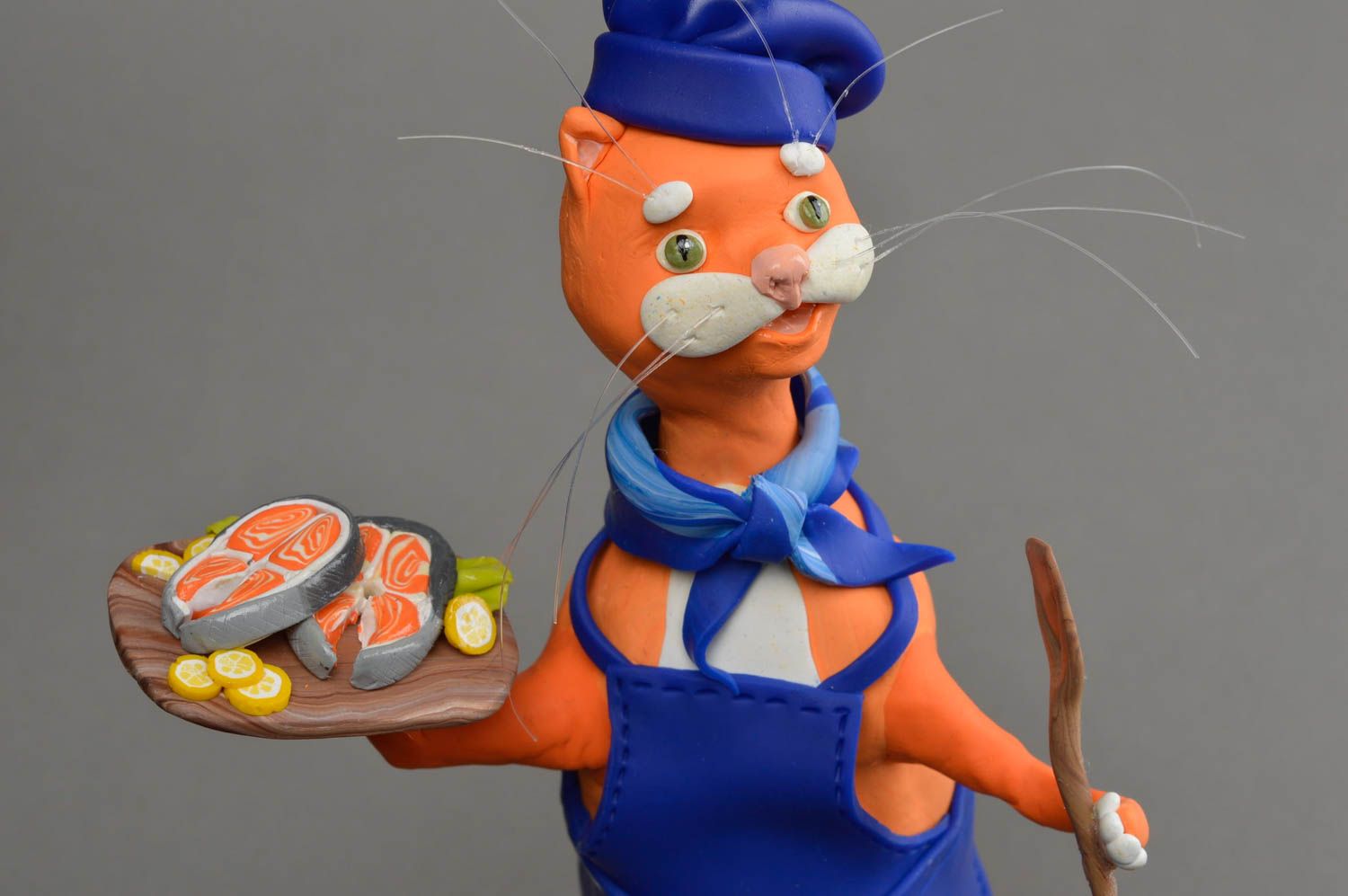 Figurine de chat faite main en pâte polymère originale petit cuisinier photo 5