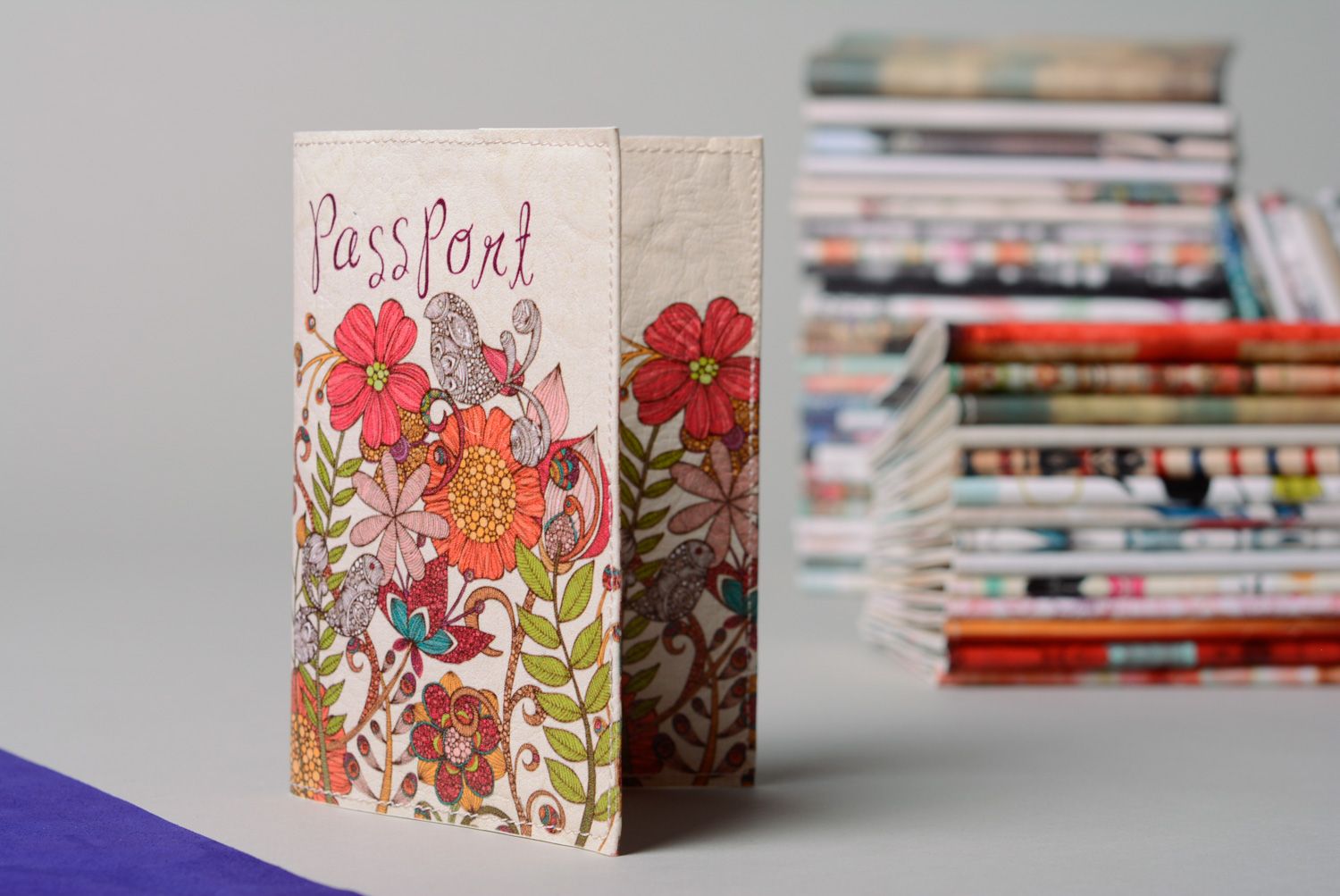 Unusual artificial leather passport cover with print Flowers photo 1