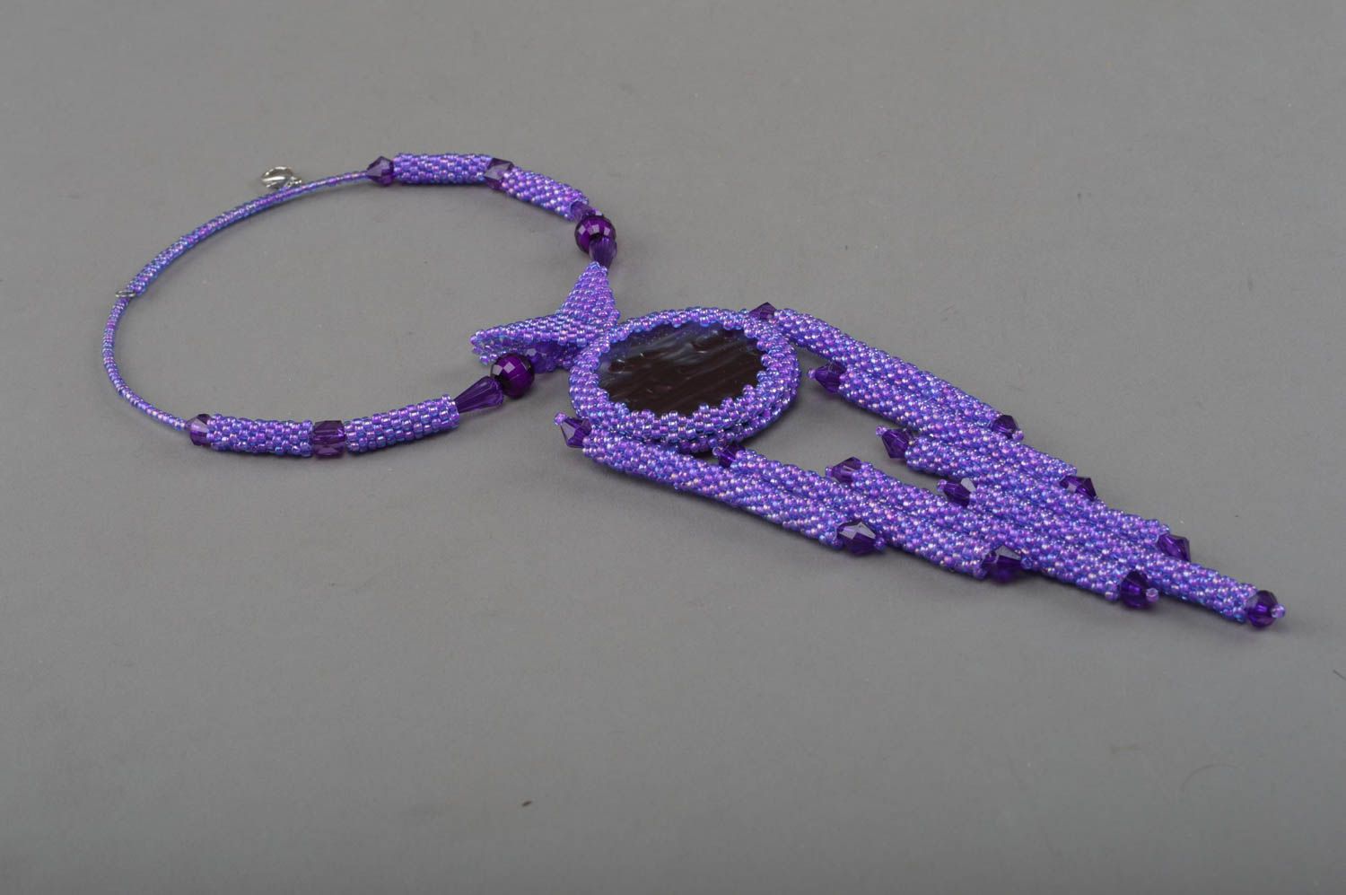 Handmade necklace made of beads purple beautiful accessory woven jewelry photo 2