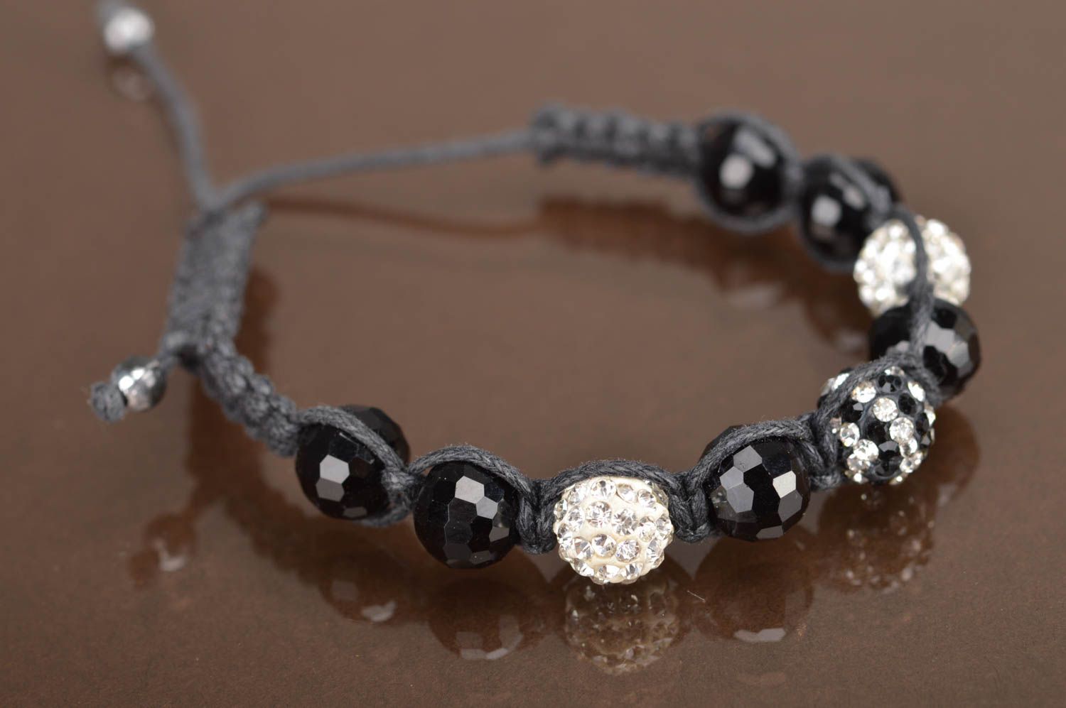 Handmade cute black thin beautiful woven bracelet with beads with strasses photo 5