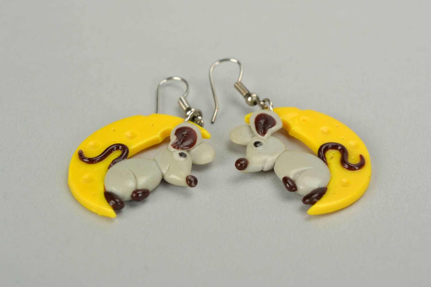 Polymer clay earrings Little mouse on cheese photo 4