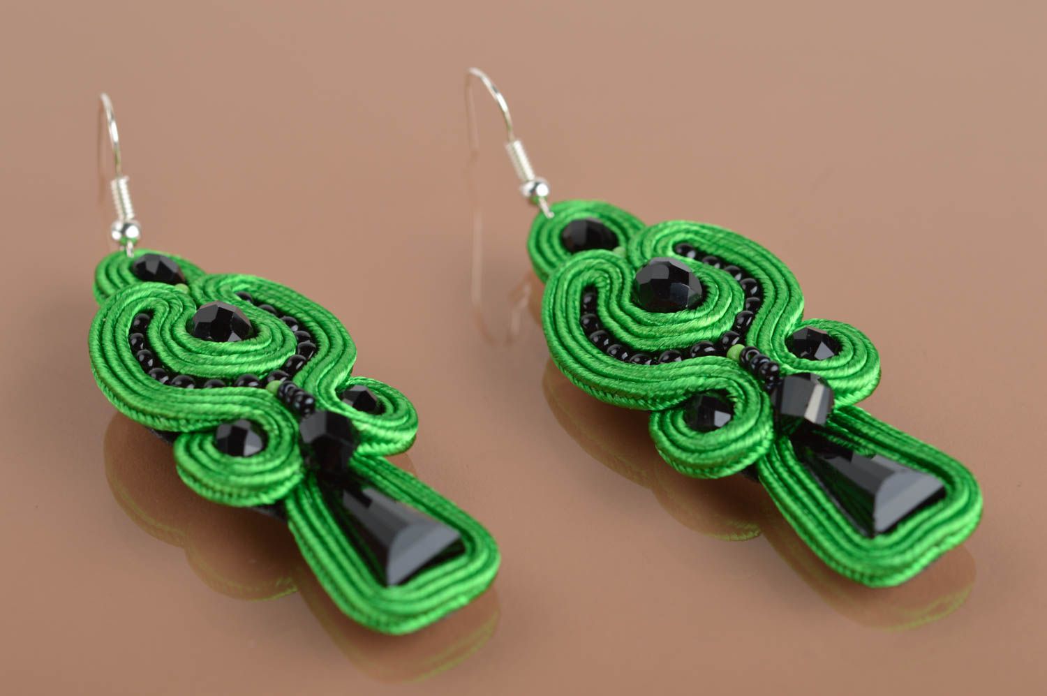 Handmade massive long soutache earrings in green color for an evening event photo 2