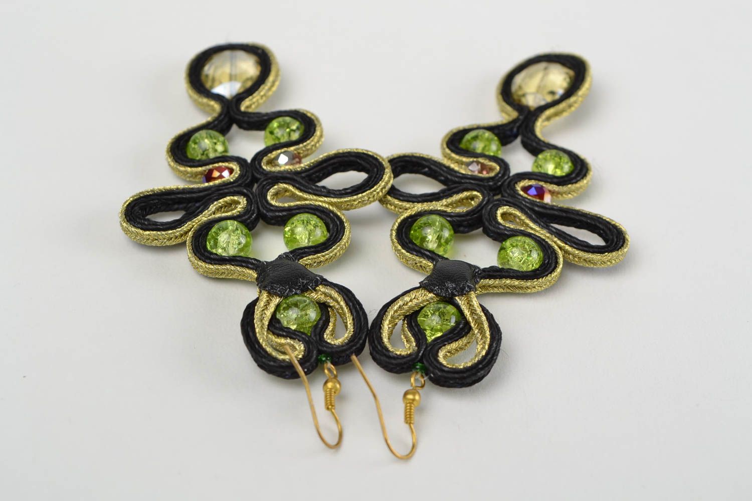 Black and green handmade massive soutache earrings with Czech crystal photo 5