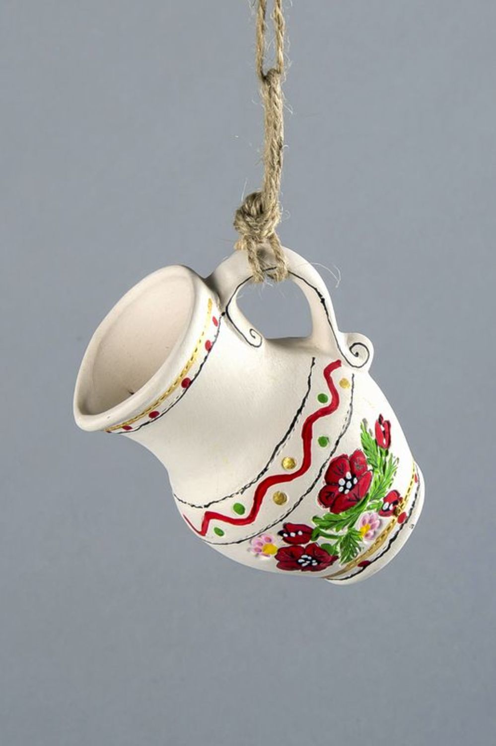 White clay decorative jug on a rope with floral décor 0,21 lb photo 1