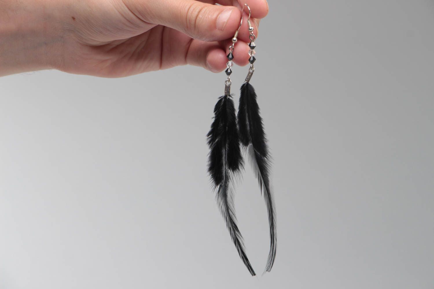 Long female earrings handmade black accessories unusual jewelry with feathers photo 5