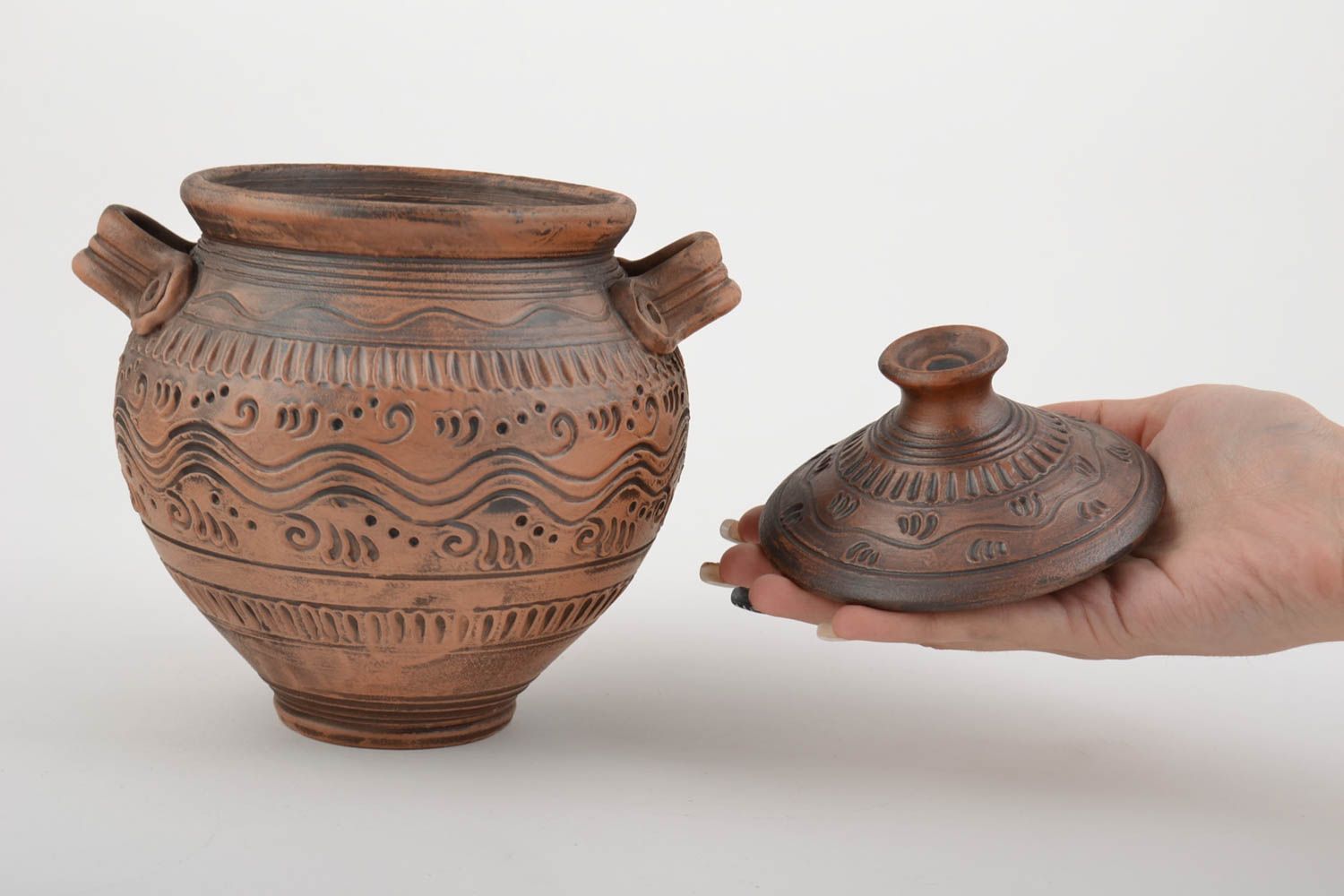 Beautiful unusual handmade molded clay pan 1 l ceramic pot for roasting photo 2