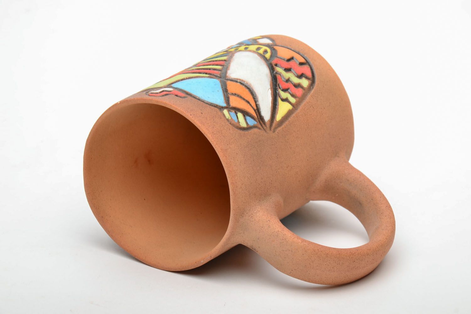 Clay ceramic art style coffee mug with a bright pattern photo 4