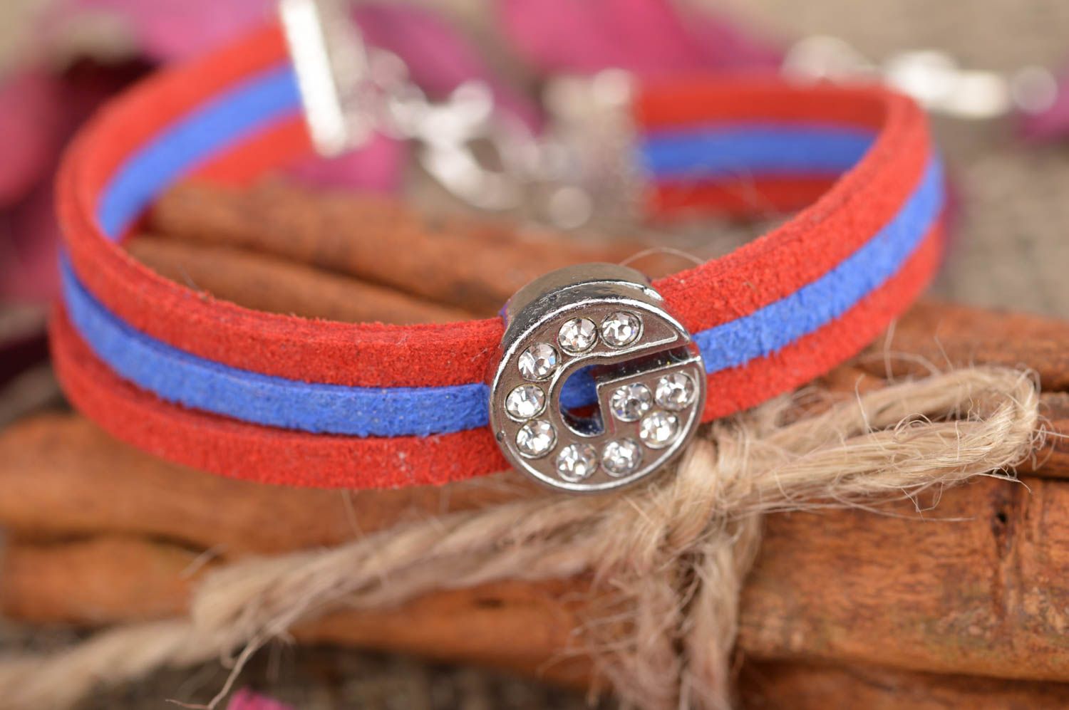 Red and blue beautiful handmade designer suede cord bracelet with letter G photo 1