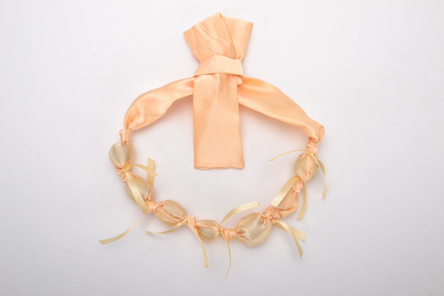 Gentle necklace with fabric beads and ribbons photo 4