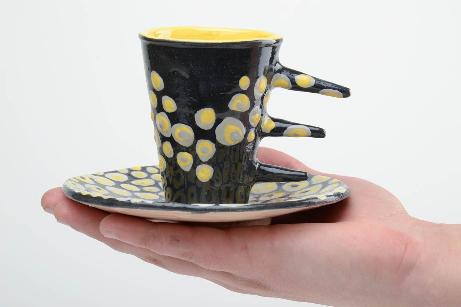 Schwarz weiße Teetasse mit Untertasse Geschirr aus Ton 300 ml Handarbeit foto 5