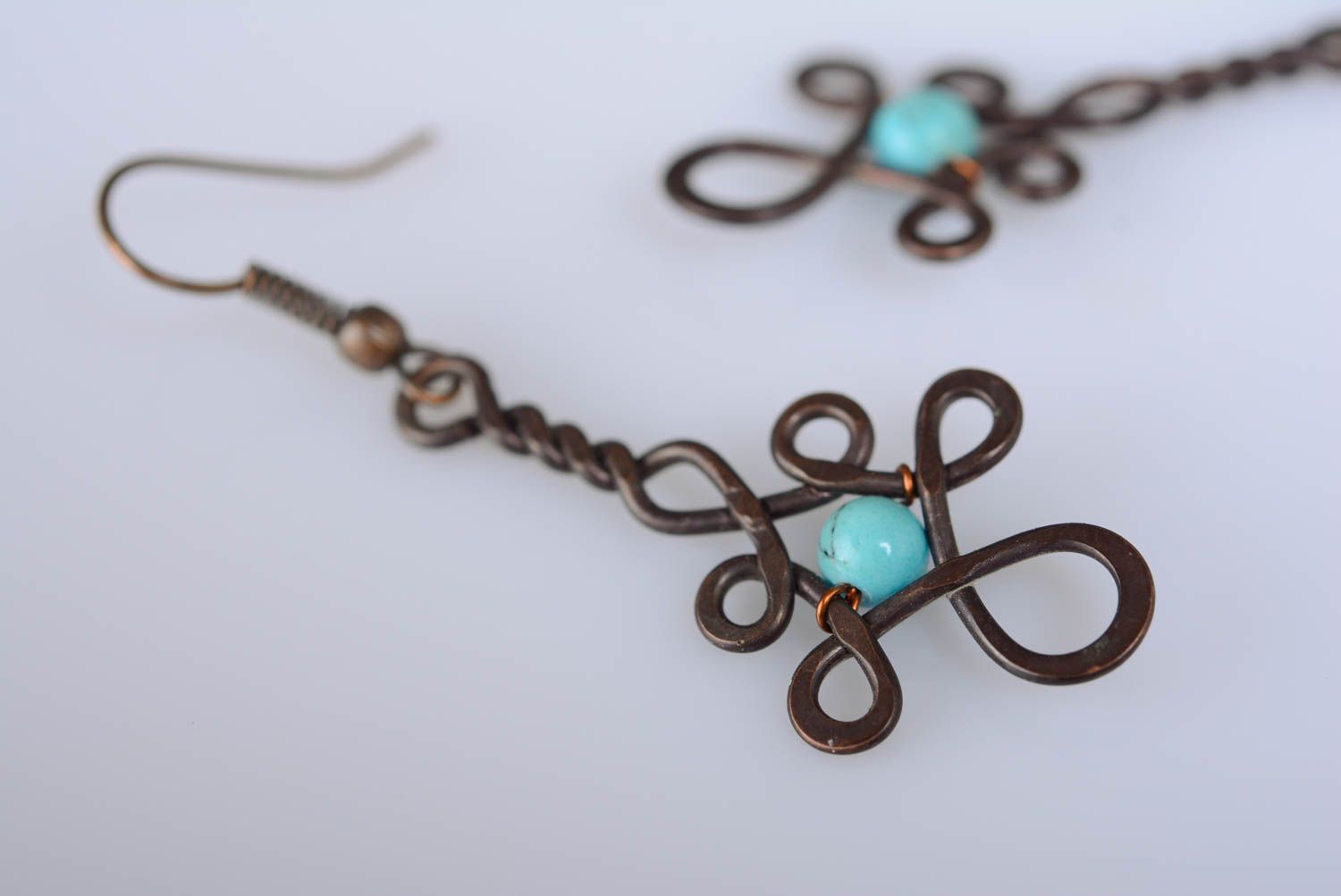Long handmade earrings made of copper using wire wrap technique with artificial turquoise photo 2