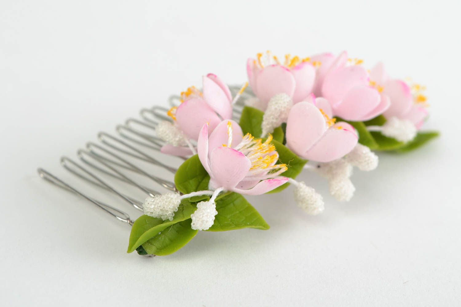 Grande pince à cheveux peigne en porcelaine froide faite main fleurs de pommier photo 4
