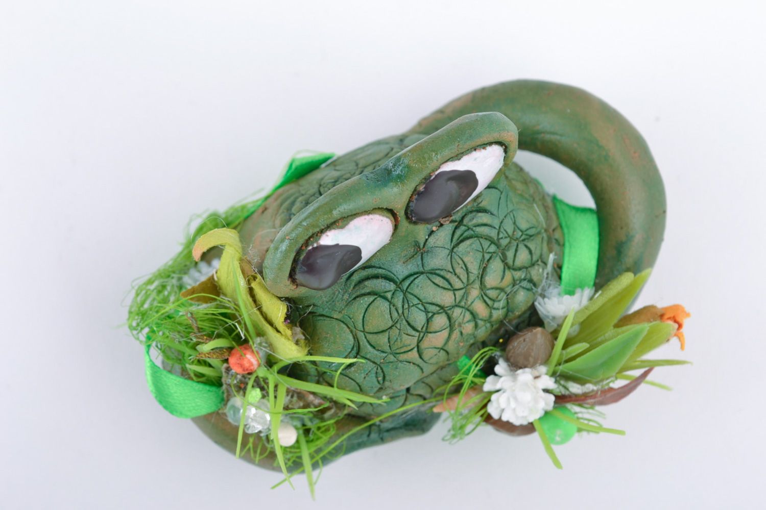 Small handmade ceramic figurine in the shape of green frog for interior decor photo 3