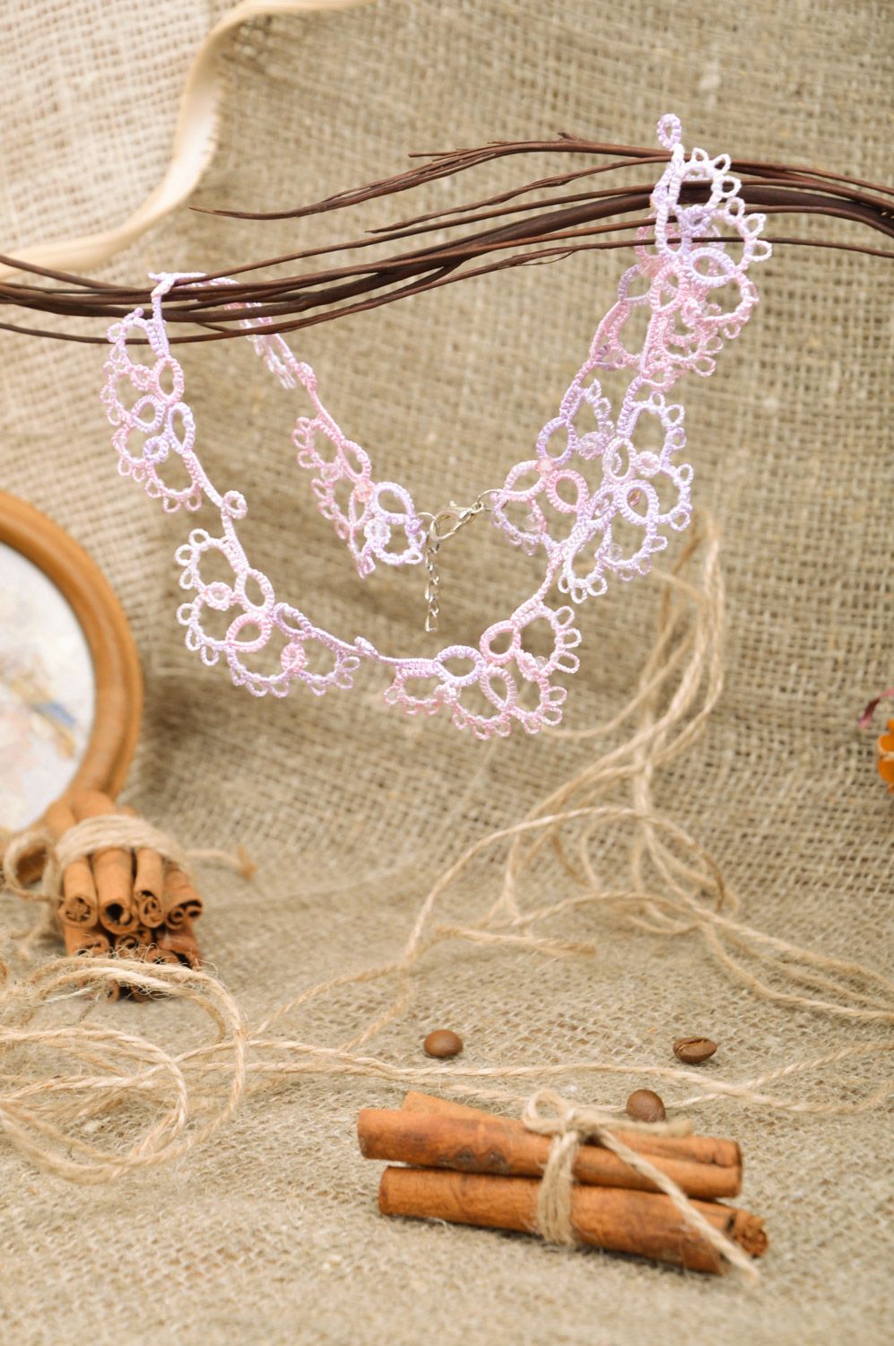 Handmade gentle woven tatting necklace of pastel colors photo 1