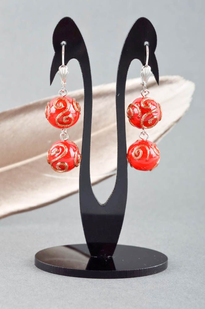 Boucles d'oreilles en verre Bijou fait main rouges pendantes Cadeau femme photo 1