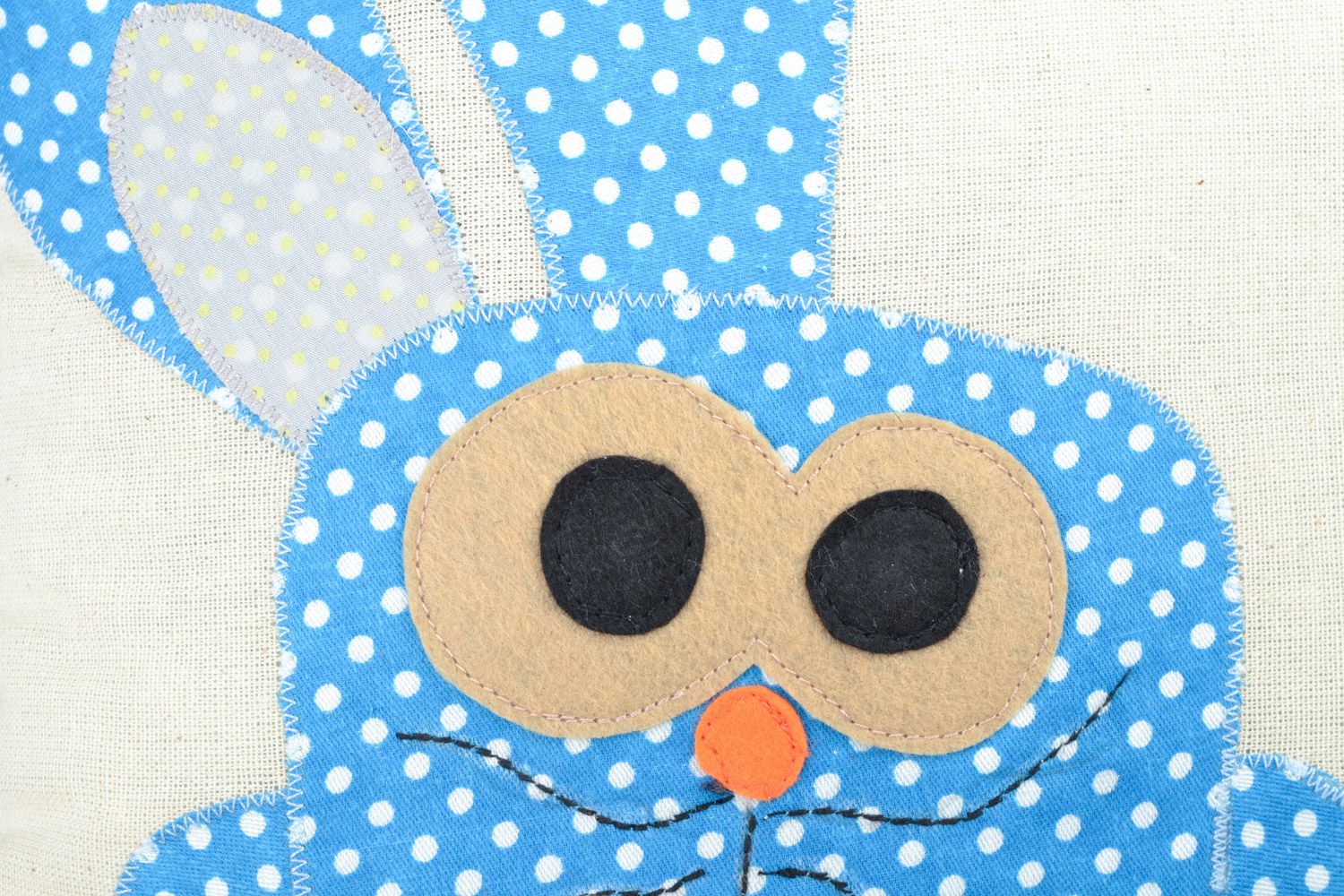 Handmade accent pillow sewn of cotton and linen with image of blue rabbit photo 4