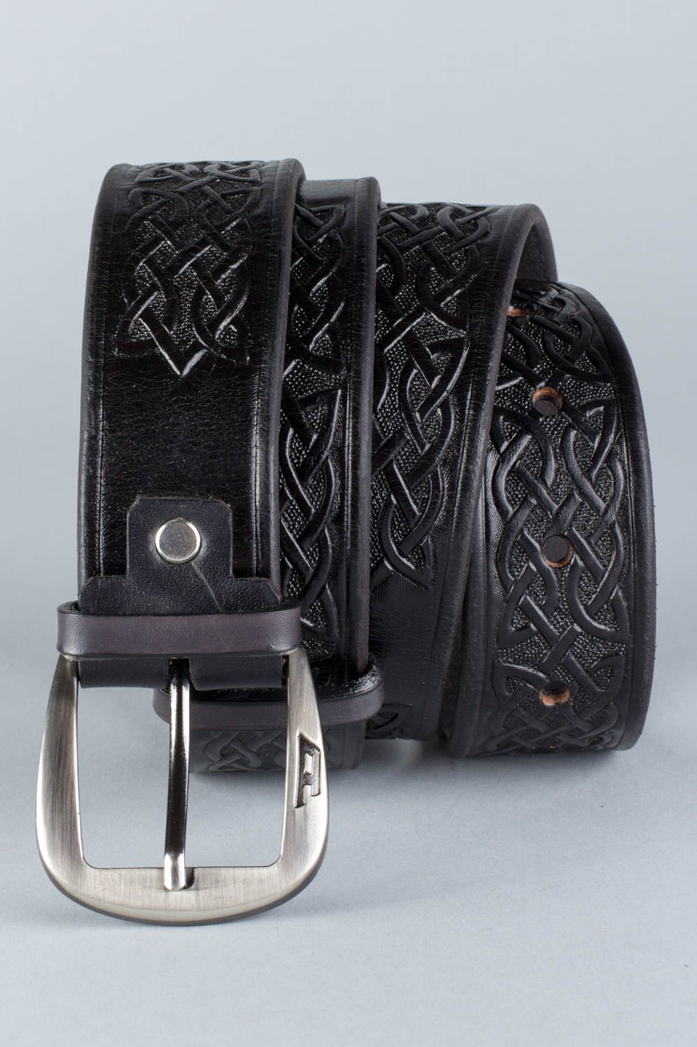 Handmade dark genuine leather belt with embossing and metal buckle Celt for men photo 3