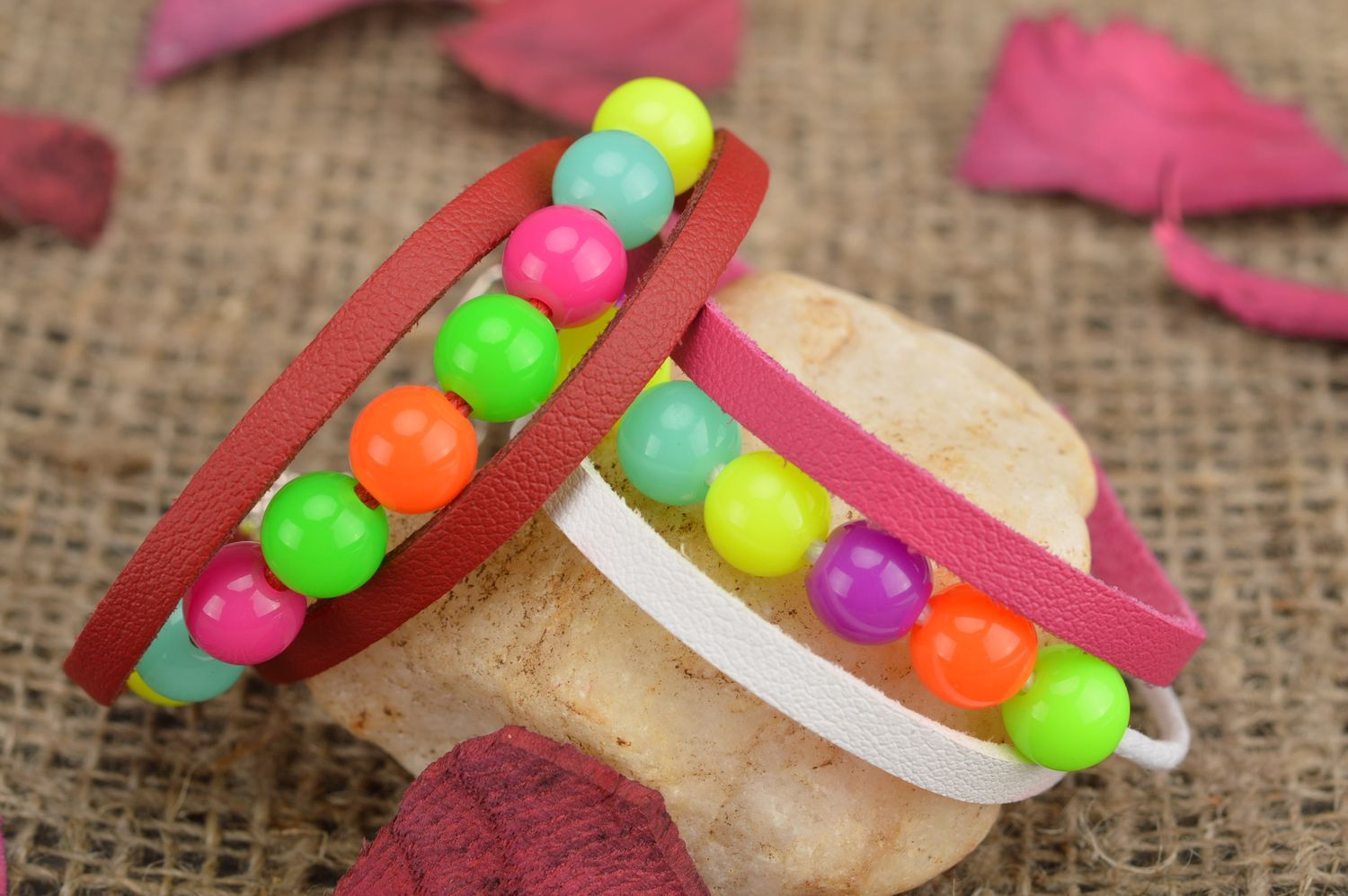 Set of 2 handmade colorful leather wrist bracelets for children and adults photo 1