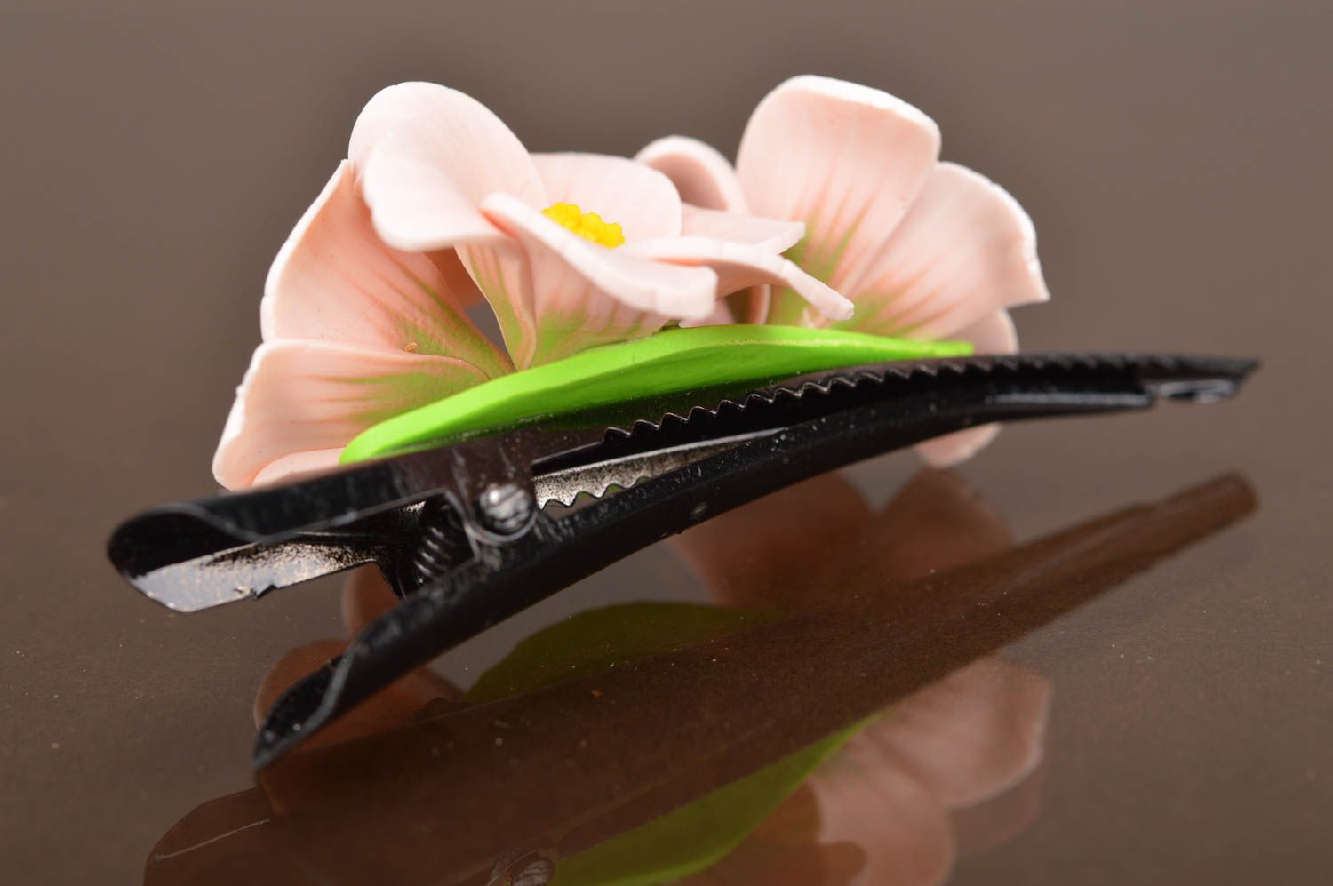 Handmade metal hair clip with volume flowers molded of polymer clay Sakura photo 3