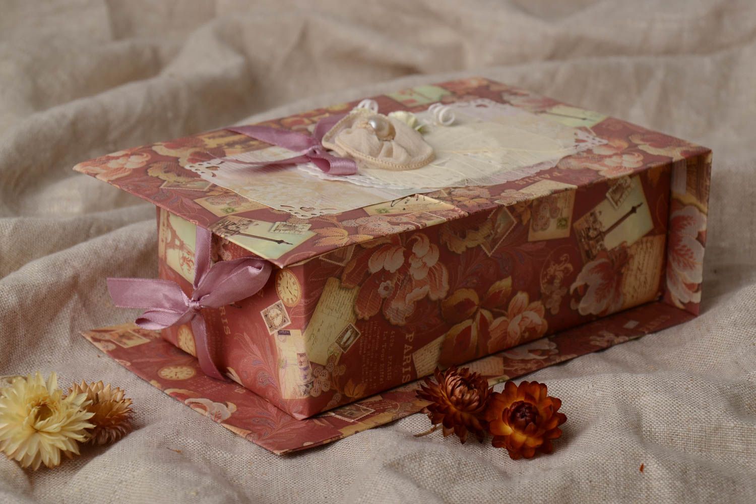 Decorative handmade box for gifts with ribbons and cloth inside made of cardboard photo 1