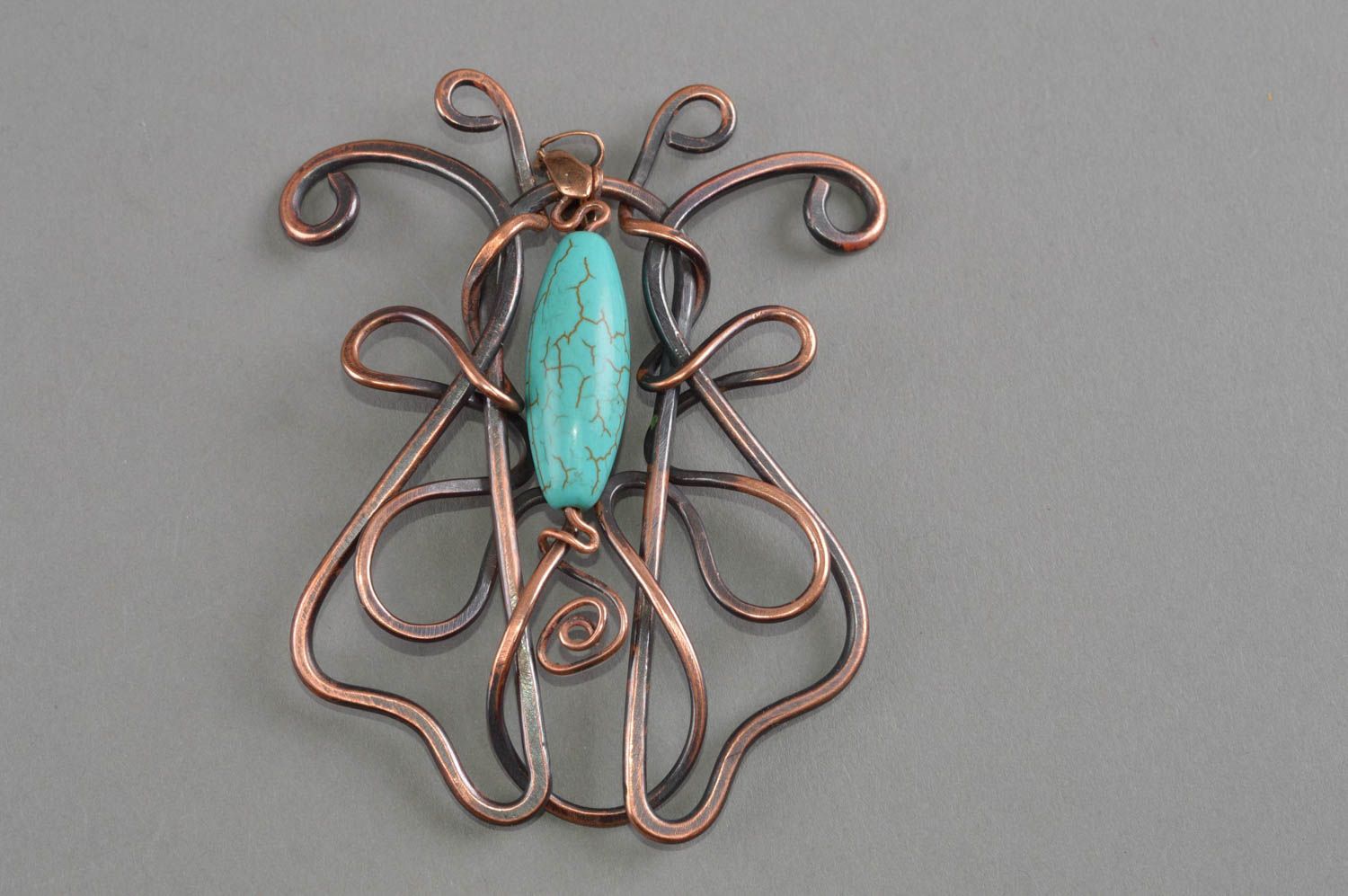 Copper handmade pendant unusual beautiful necklace metal butterfly accessory photo 2