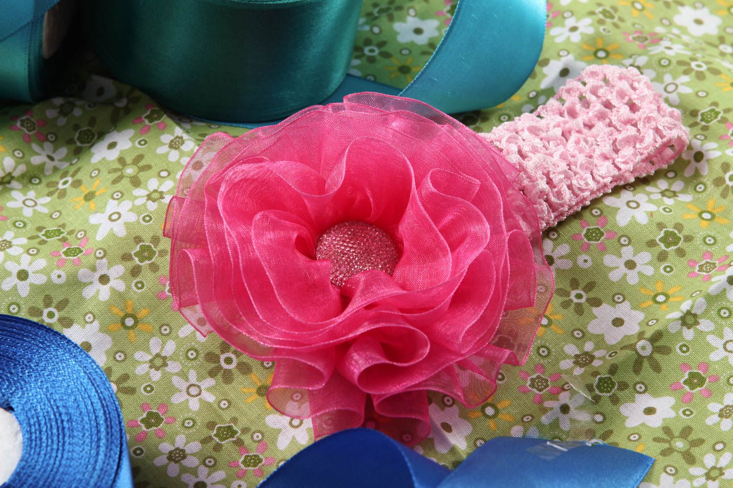 Handmade Haarband mit Blumen Accessoires für Haare dünnes Blumen Haarband rosa foto 1