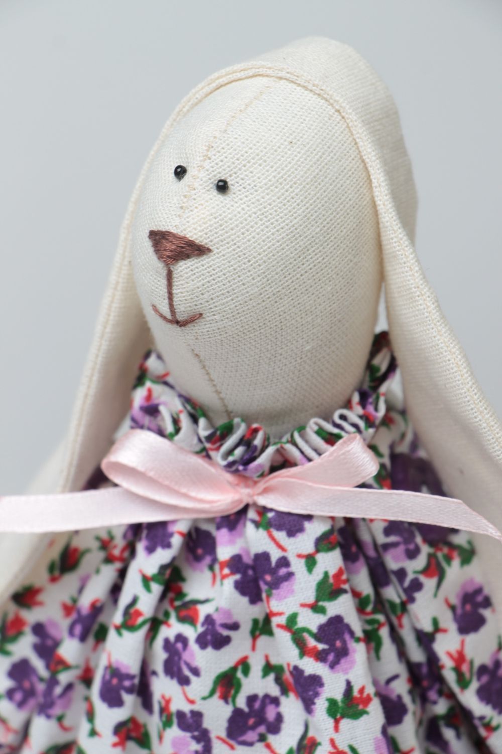Handmade small fabric soft toy rabbit girl in dress with violet floral pattern photo 3