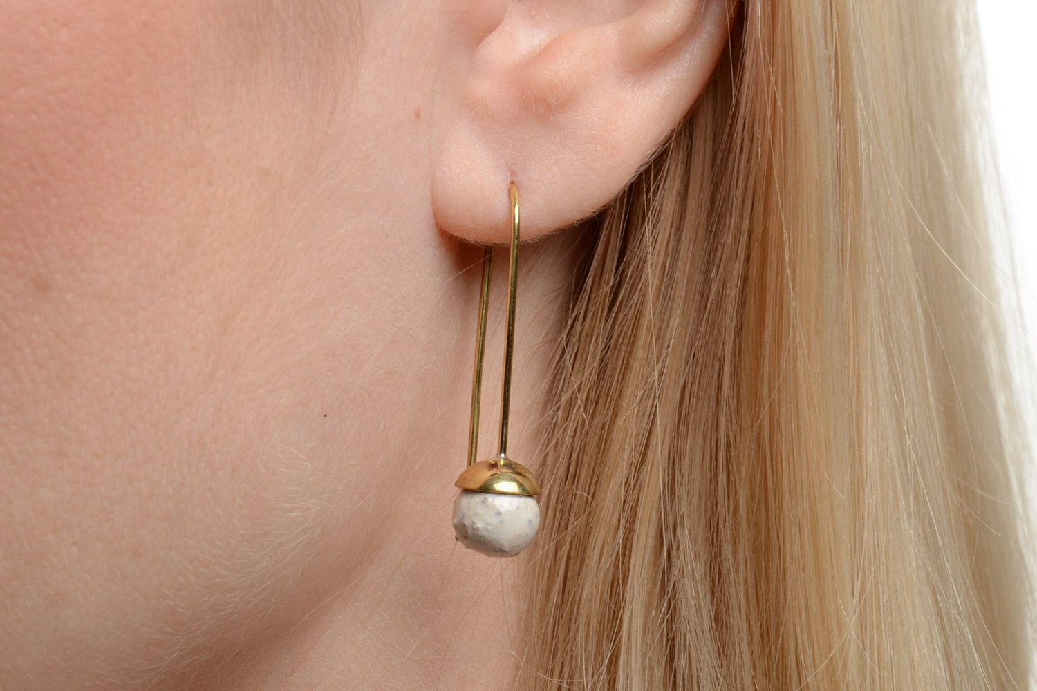Long handmade ceramic earrings with brass frame for women photo 5