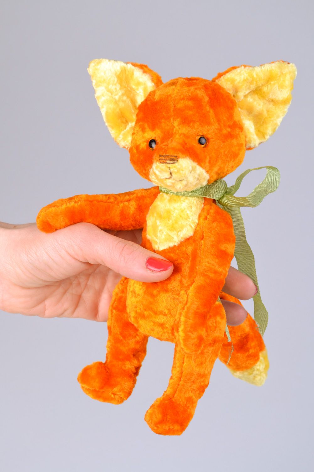 Handmade designer vintage soft plush toy fox of orange color with bow photo 2