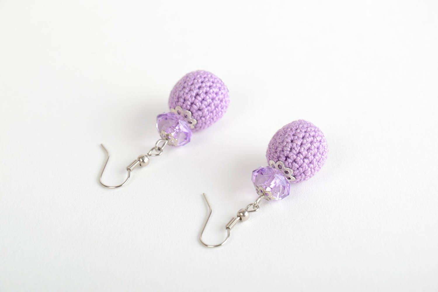Handmade wooden bead earrings crocheted over with violet cotton threads photo 4