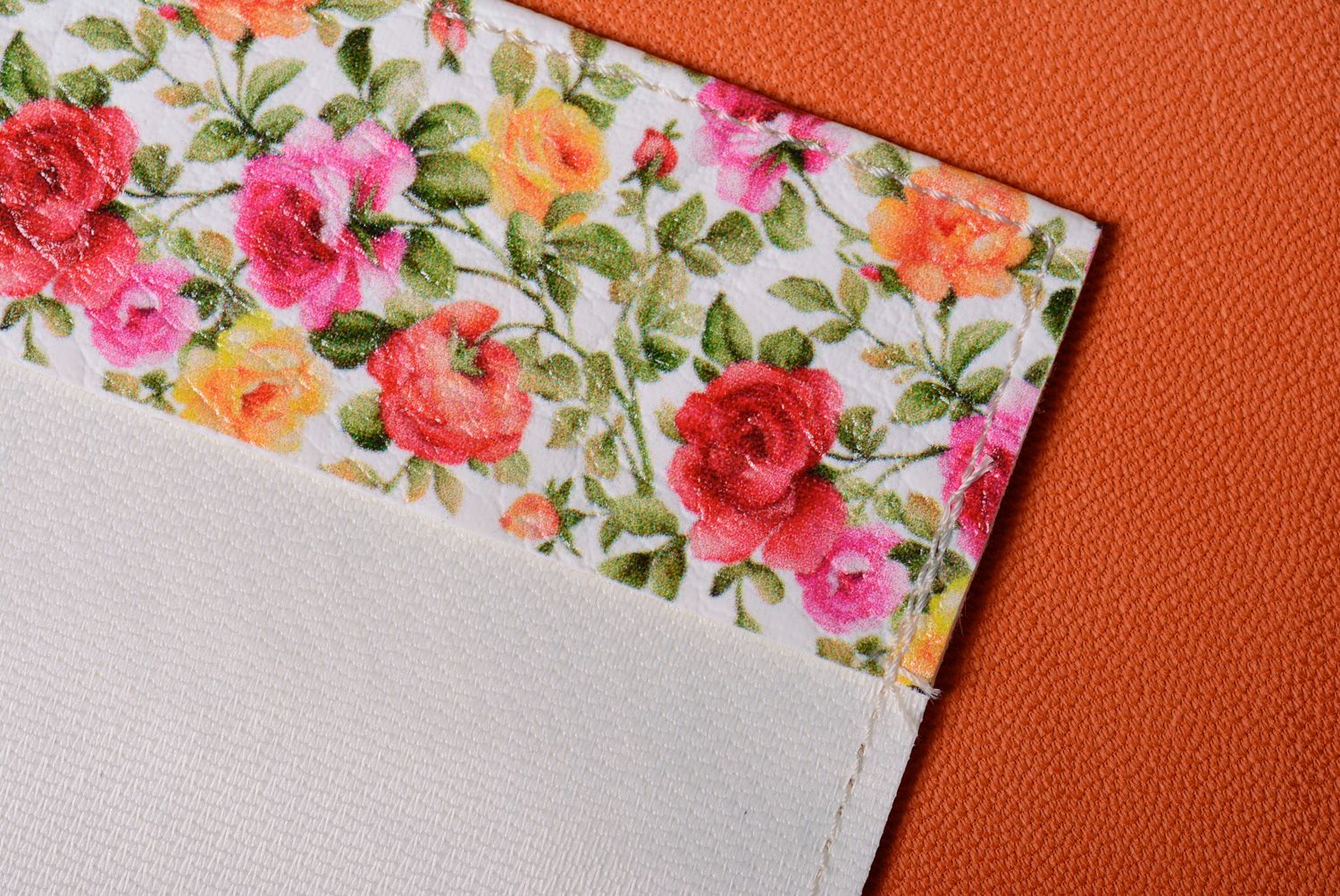 Handmade leather passport cover with flower print photo 5