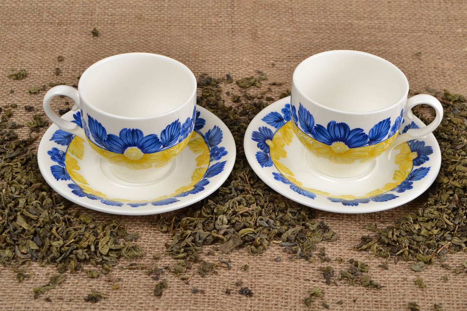 Set of 2 two 6 oz porcelain coffee cups with blue and yellow flowers design photo 1