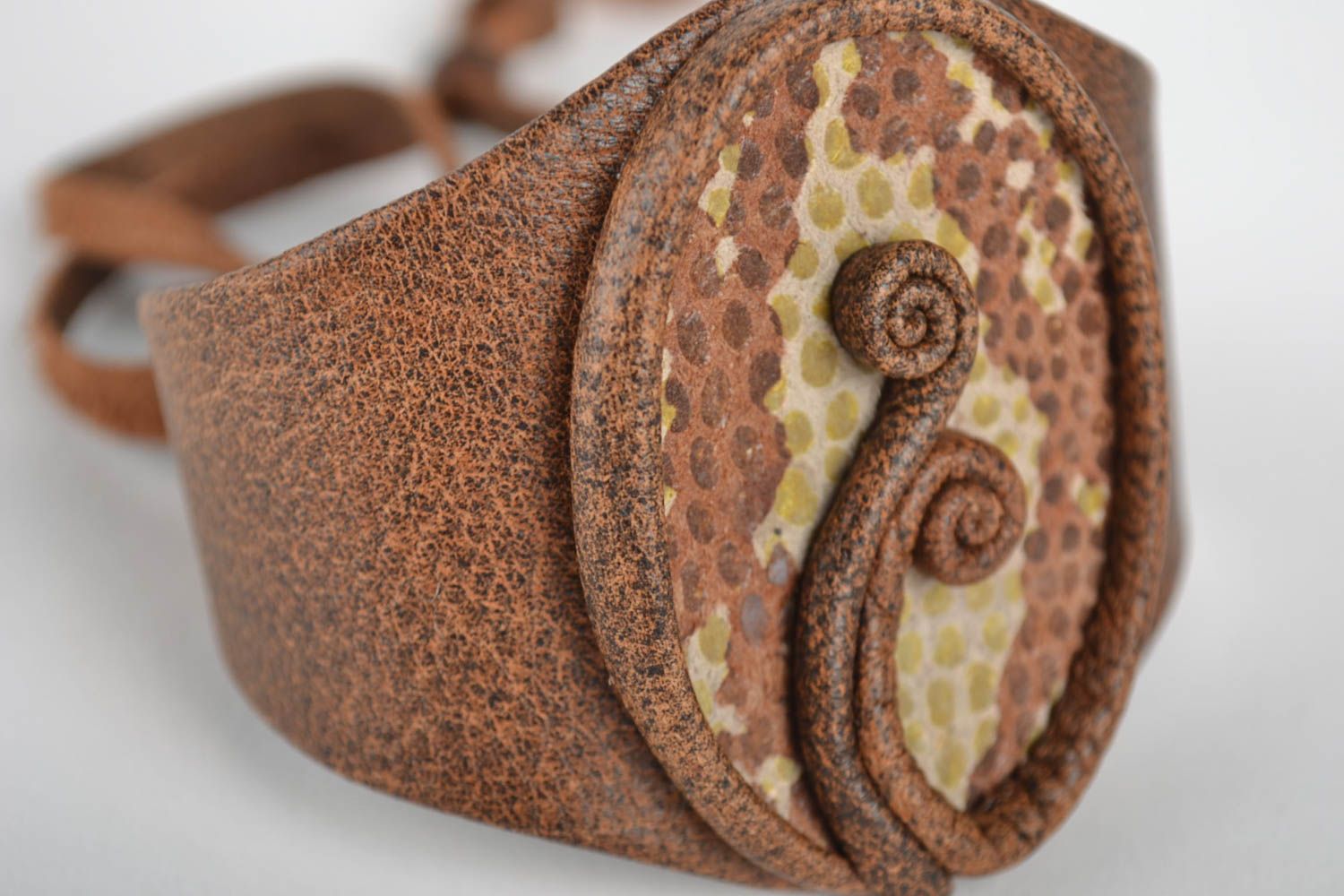 Designer unique genuine leather bracelet handmade textile bijouterie with stones photo 2