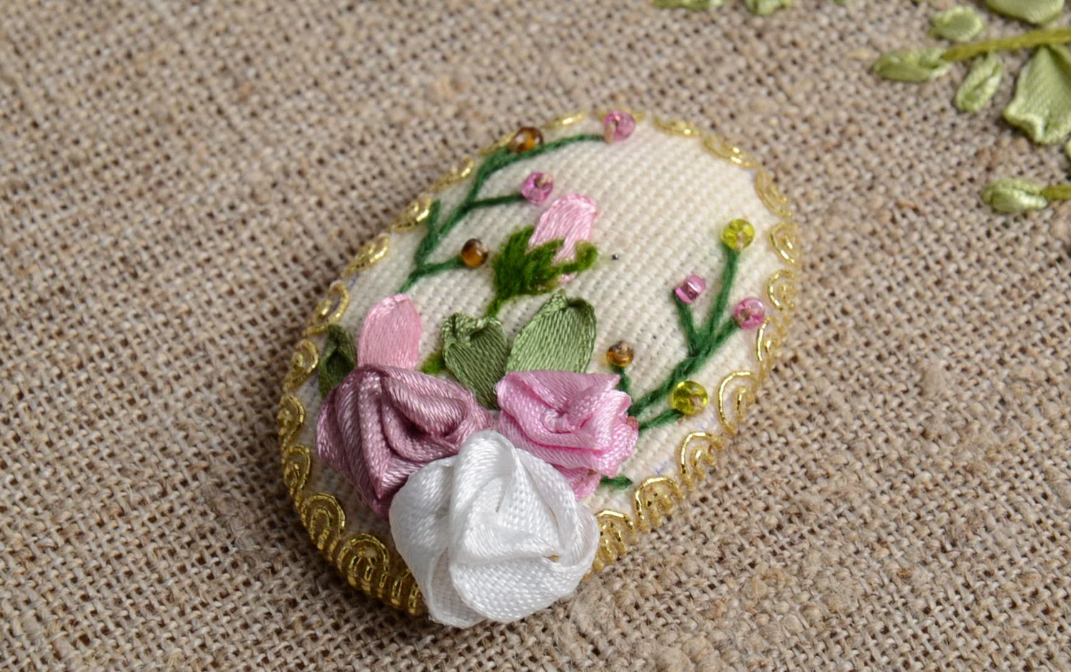 Handmade light fancy brooch with ribbons embroidery on linen base photo 1