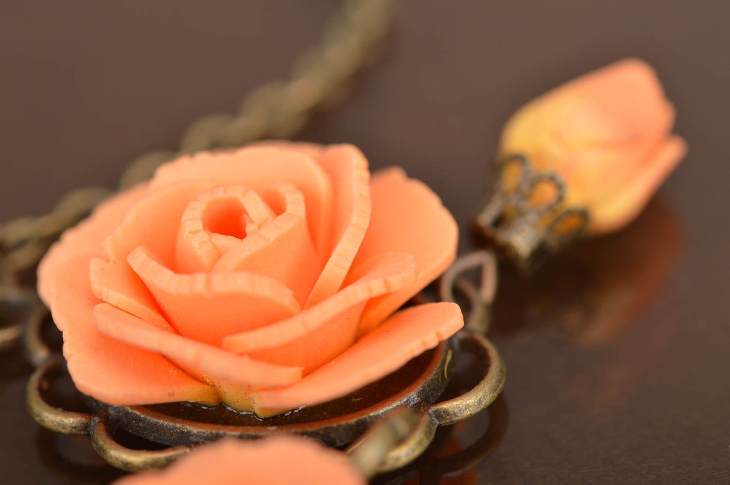 Handmade cute pendant made of polymer clay on chain with peach flowers photo 4