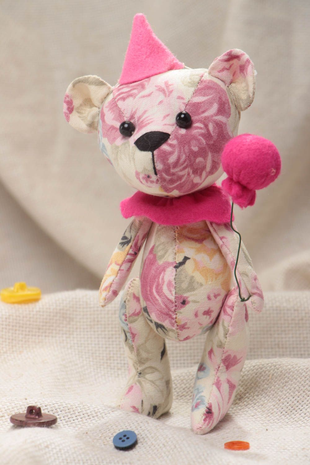 Handmade designer soft toy sewn of linen and felt Bear in pink color palette photo 1
