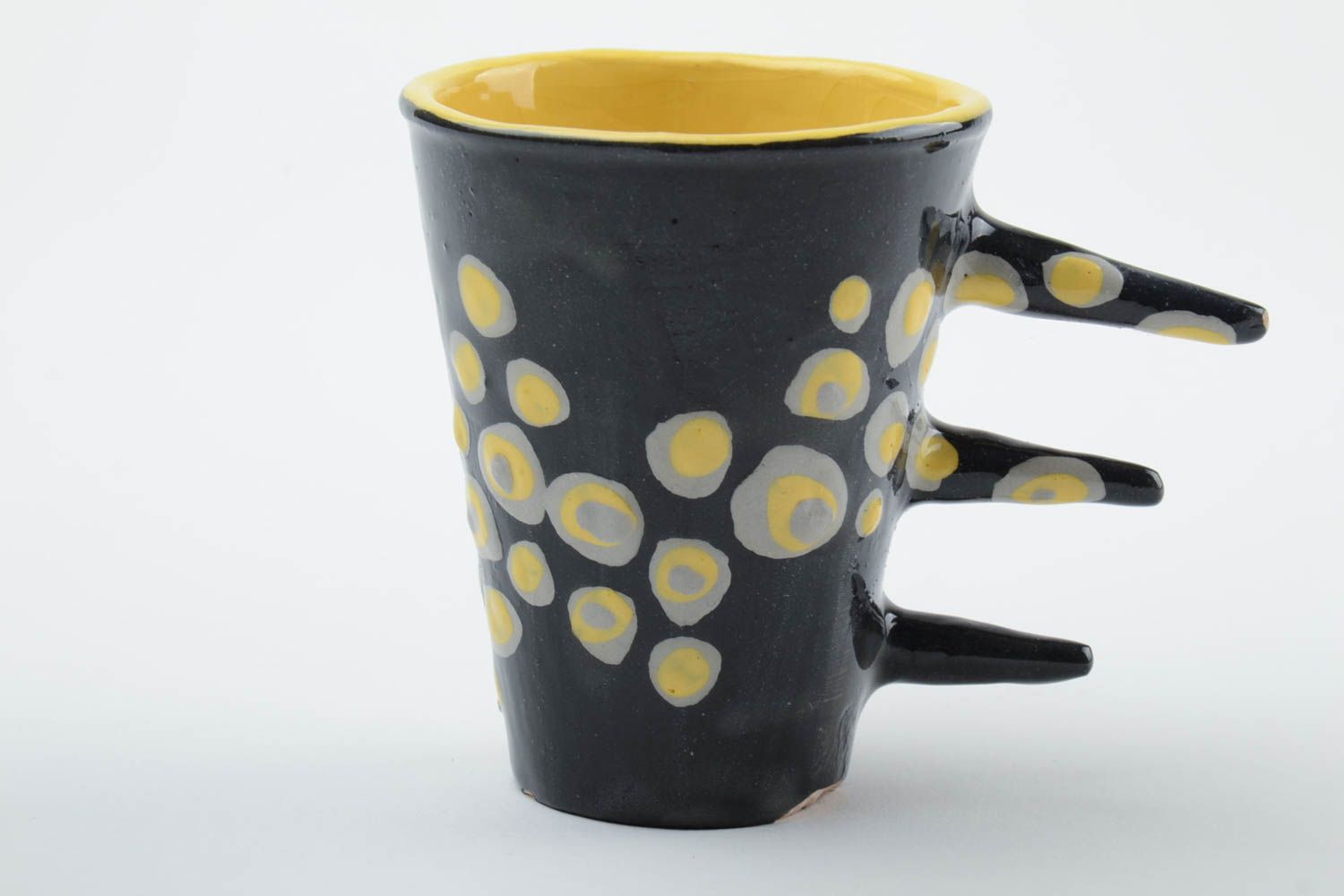 Ceramic art coffee 10 oz cup in black and yellow colors with unique three stick handle photo 3