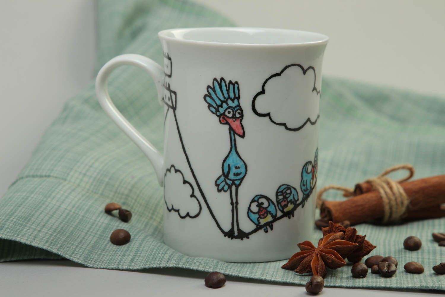 Large 10 oz porcelain tall coffee cup with funny kids pattern photo 1