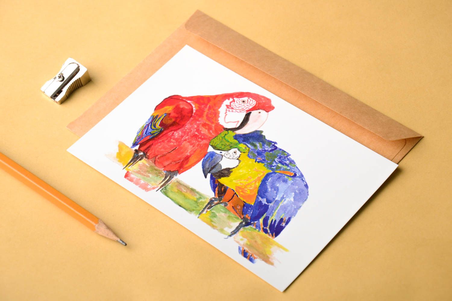 Открытка ручной работы поздравительная открытка попугаи ара красивая открытка фото 1