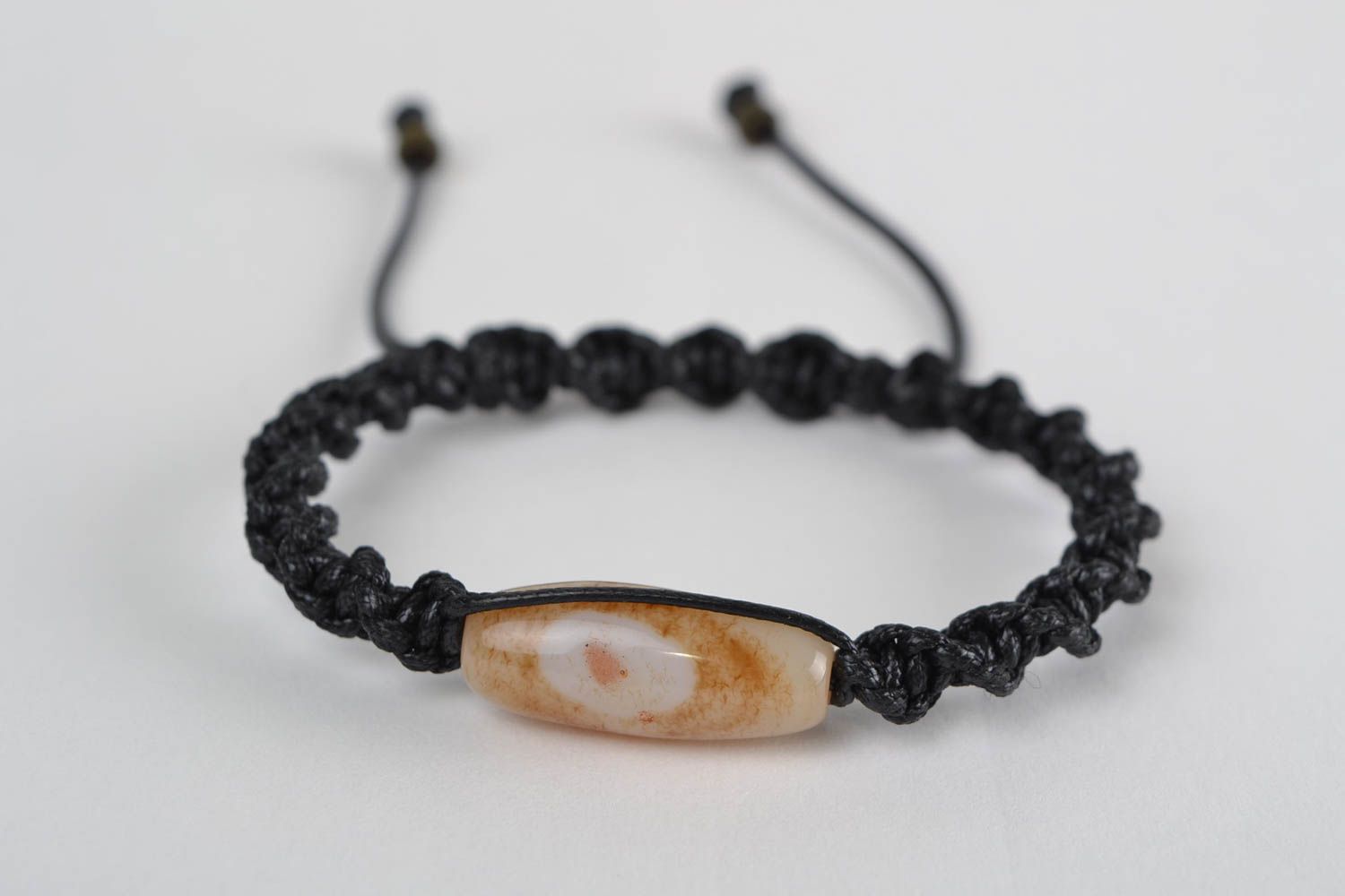 Handmade women's black woven waxed cord bracelet with natural agate stone photo 3