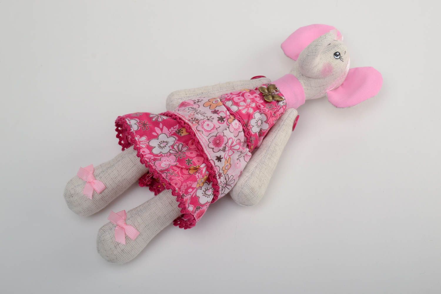Handmade small soft toy sewn of linen and cotton elephant girl in pink dress photo 2