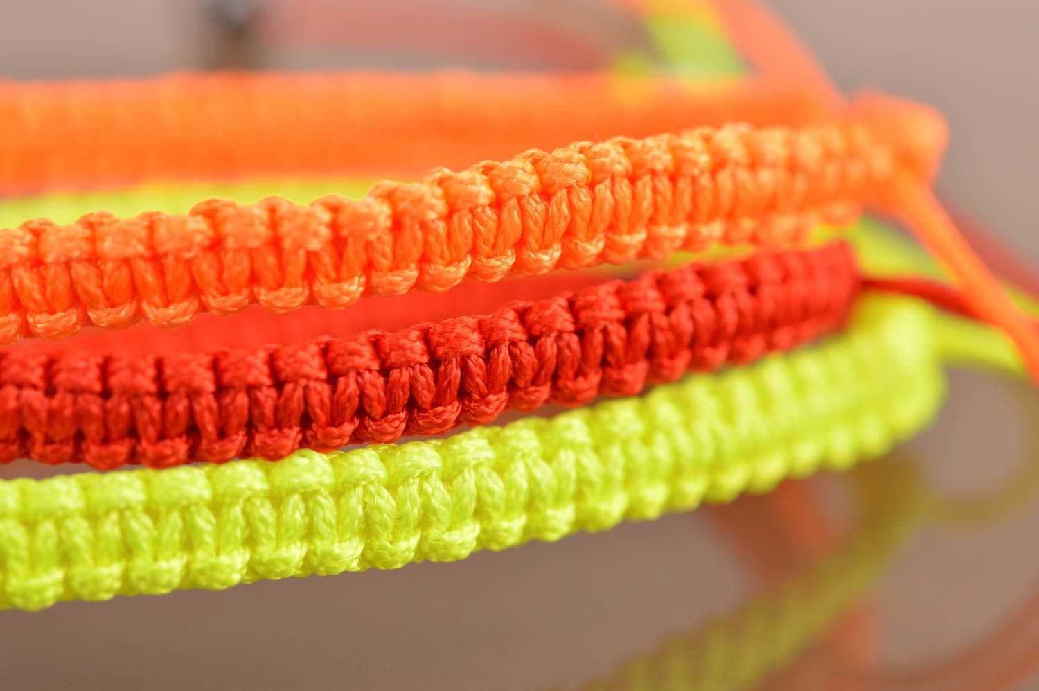 Set of 3 handmade designer thin wrist bracelets woven of silk threads with decor photo 3