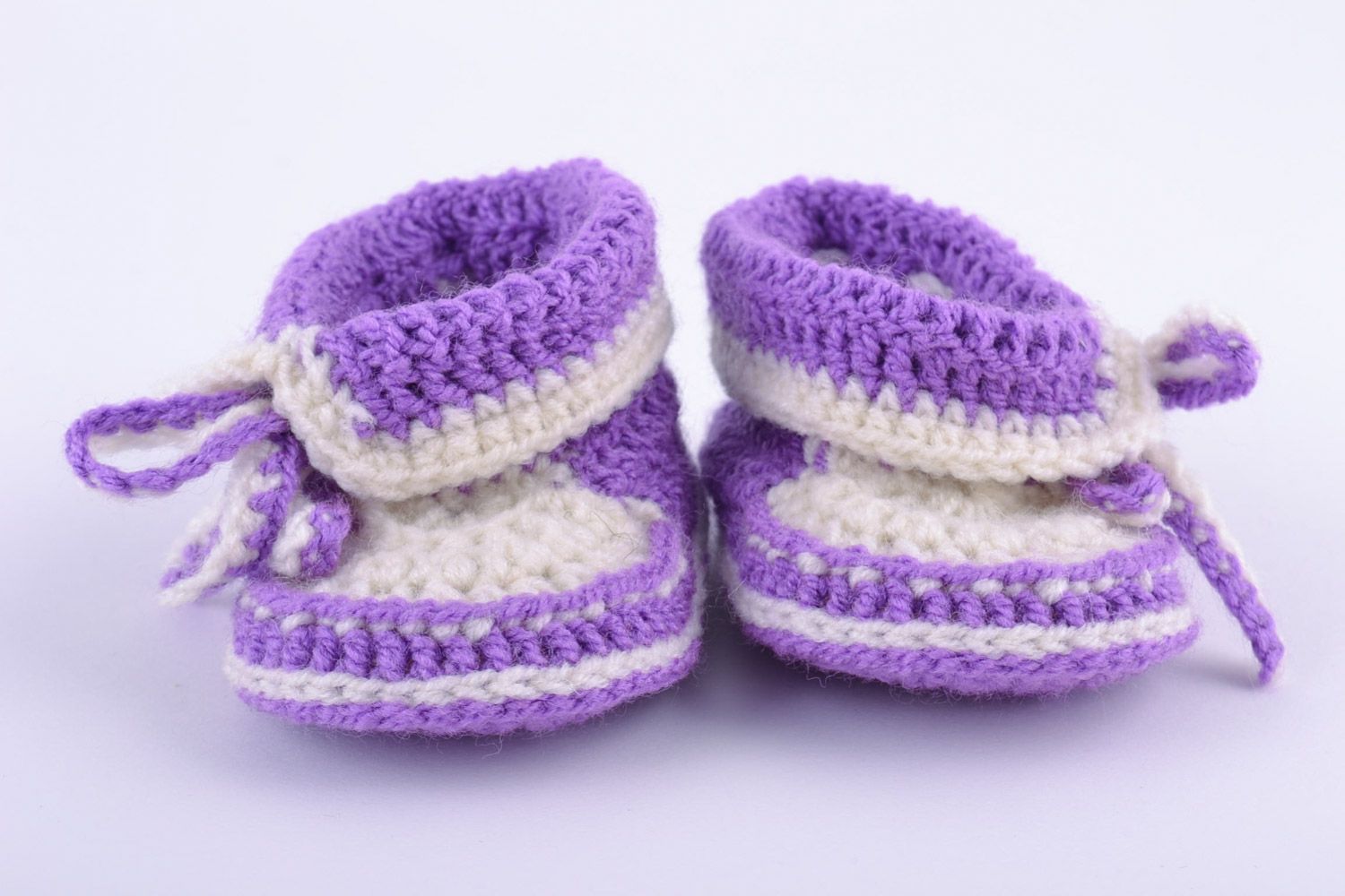 Violet and white handmade baby booties crocheted of wool and cotton for girl photo 5