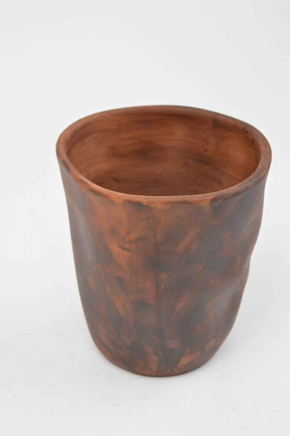 Ceramic cup no handle made of red lead-free clay in brown color photo 3