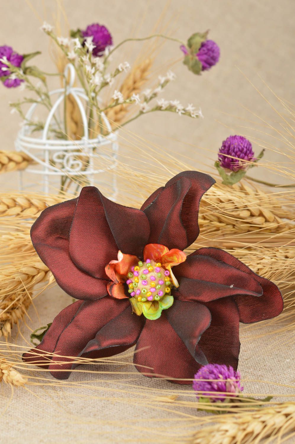 Handmade Haarspange Blume große Brosche Damen Modeschmuck bordeauxrote Orchidee foto 1