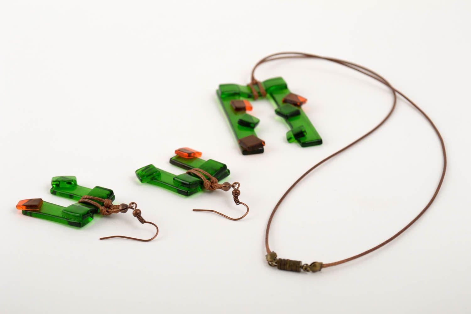 Set of handmade glass pendant and earrings glass bijouterie handmade accessory  photo 4