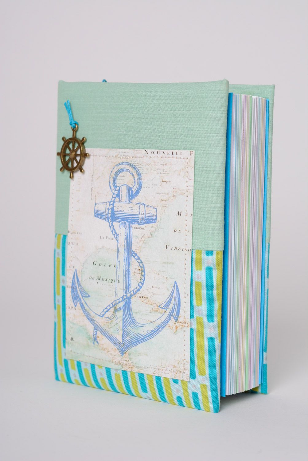 Blue handmade notebook with fabric cover and bookmark in marine style photo 4